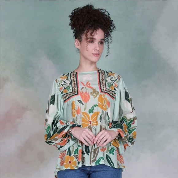 Blnk London Botanical Sage Balloon Sleeves Miranda Peasant Blouse Size Small - Picture 14 of 16